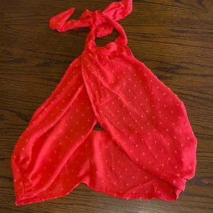 SHEIN Red High Neck Wrap Halter Crop Top